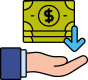 Mano recibiendo billetes con flecha azul hacia abajo indicando un pago o retiro.