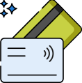 Icono de dos tarjetas de crédito, una blanca con símbolo de pago sin contacto y otra amarilla parcialmente detrás.