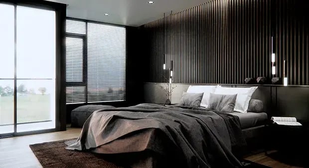 Habitación con diseño elegante, compuesta por una cama y una ventana grande