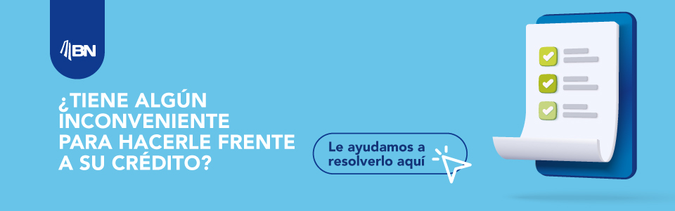 Banner informativo de BN con mensaje sobre solución de inconvenientes con créditos, e ícono de lista con checkmarks. Banner informativo de BN con mensaje sobre solución de inconvenientes con créditos, e ícono de lista con checkmarks.