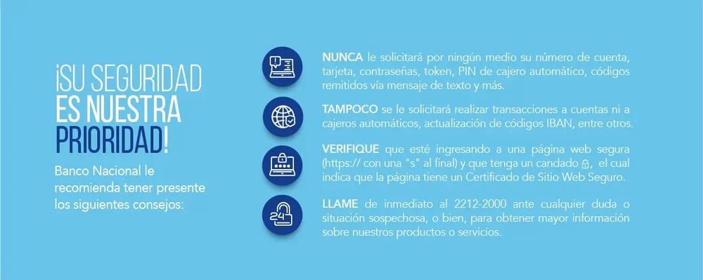 Banner informativo del Banco Nacional con consejos de seguridad digital y el texto “¡Su seguridad es nuestra prioridad!”.