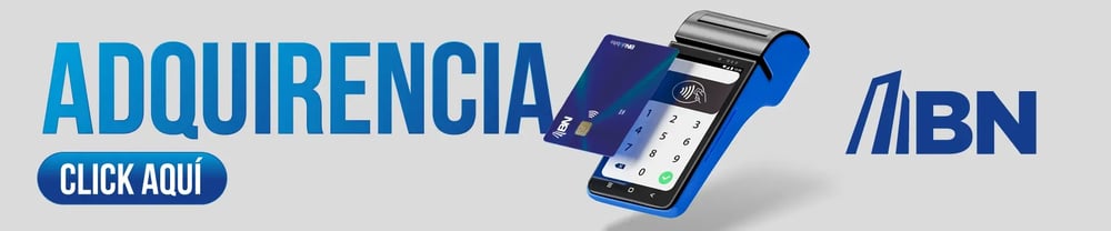 Banner del Banco Nacional con el texto “Adquirencia”, una tarjeta acercándose a un datáfono y botón que dice “Click aquí”.