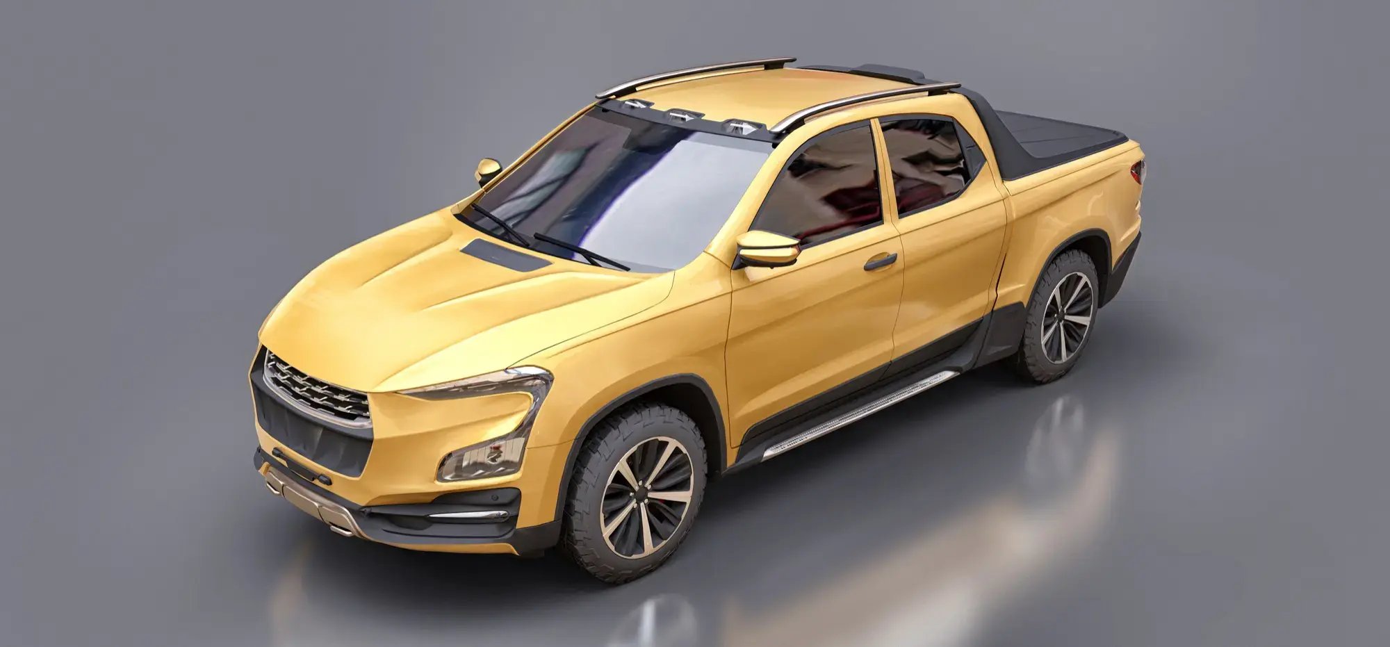 Camioneta amarilla tipo pickup vista en perspectiva sobre un fondo gris.