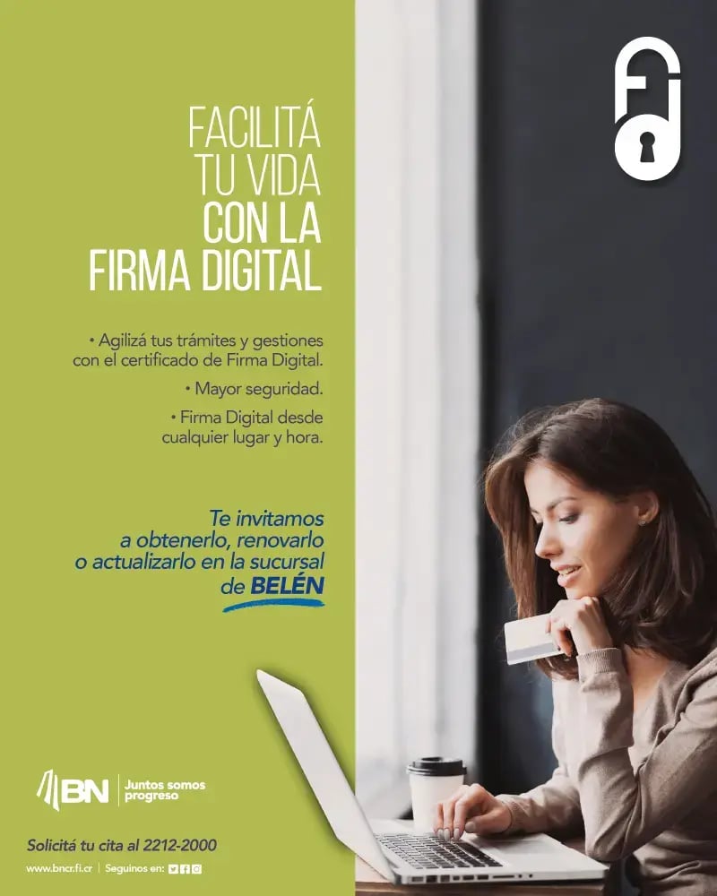 Afiche promocional del Banco Nacional sobre beneficios y uso de la firma digital