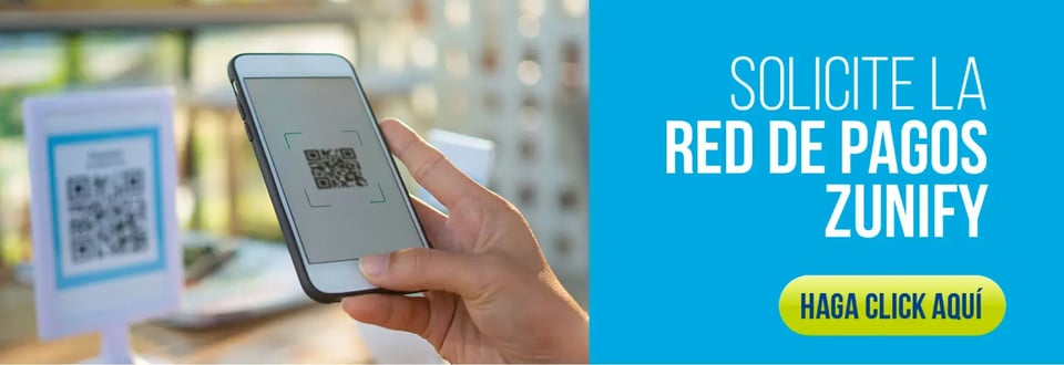 Persona escaneando un código QR con su celular como método de pago, junto a un cartel de Zunify en segundo plano. Persona escaneando un código QR con su celular como método de pago, junto a un cartel de Zunify en segundo plano.