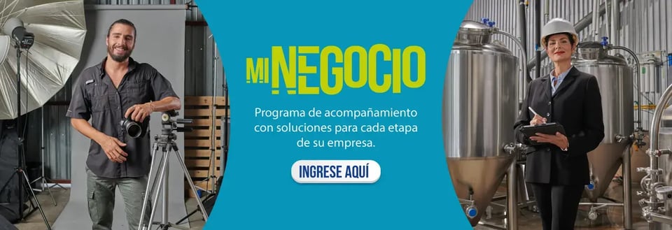 Banner del programa “Mi Negocio” con un fotógrafo en su estudio a la izquierda y una empresaria con casco en una planta industrial a la derecha. Banner del programa “Mi Negocio” con un fotógrafo en su estudio a la izquierda y una empresaria con casco en una planta industrial a la derecha.