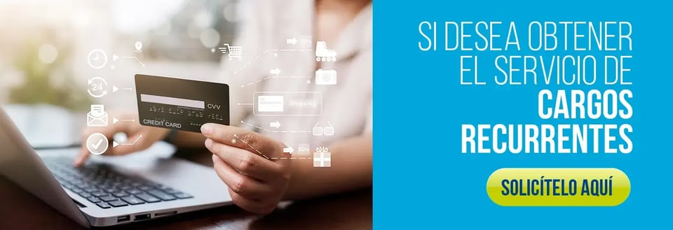 Persona sosteniendo una tarjeta de crédito frente a una computadora portátil, acompañada de gráficos digitales, junto a un mensaje promocional sobre el servicio de cargos recurrentes. Persona sosteniendo una tarjeta de crédito frente a una computadora portátil, acompañada de gráficos digitales, junto a un mensaje promocional sobre el servicio de cargos recurrentes.