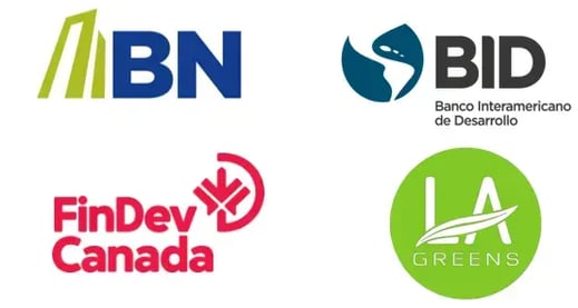 Conjunto de logotipos del Banco Nacional, BID, FinDev Canada y LA Greens distribuidos en una sola imagen.