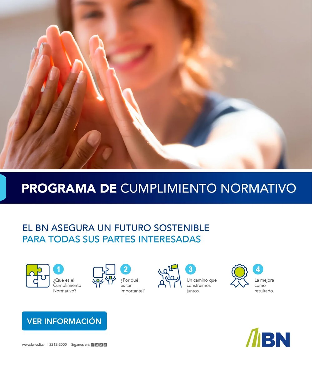 Manos unidas en señal de trabajo en equipo con el texto “Programa de Cumplimiento Normativo” del Banco Nacional, acompañado de iconos informativos sobre confianza, importancia y mejora continua.