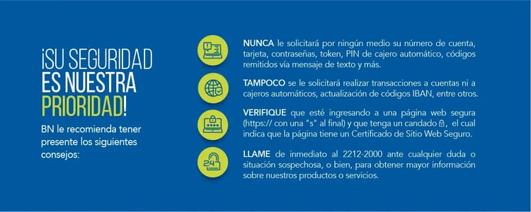 Imagen institucional del Banco Nacional con íconos de seguridad y texto sobre consejos para proteger sus datos y transacciones.