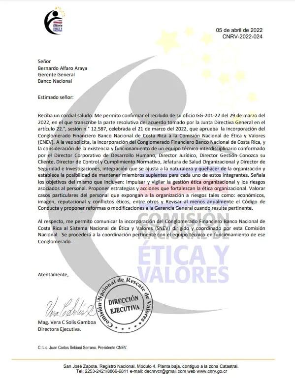 Carta oficial de la Comisión Nacional de Ética y Valores dirigida al Banco Nacional de Costa Rica sobre su incorporación al Sistema Nacional de Ética y Valores