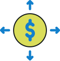Símbolo de dólar en el centro con flechas azules apuntando en las cuatro direcciones, representando distribución o flujo de dinero.