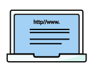 Icono de laptop con pantalla azul mostrando una URL genérica y líneas de texto.