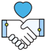 Icono de dos manos estrechándose con un corazón azul flotando arriba, simbolizando alianza o acuerdo.