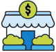 Icono de tienda con toldo blanco, arbustos verdes al frente y símbolo de dólar en el techo.