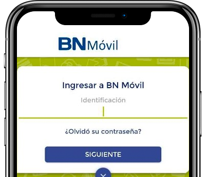 Pantalla de inicio de sesión de la app BN Móvil, mostrando campos para ingresar identificación y opción para recuperar contraseña.