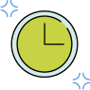 Ícono de reloj verde con marco claro, acompañado de brillos azules decorativos, representando eficiencia o ahorro de tiempo.