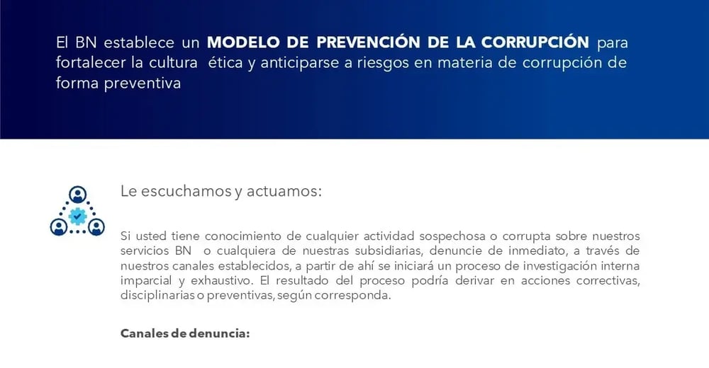 Imagen institucional del Banco Nacional con texto sobre el modelo de prevención de la corrupción y canales de denuncia.