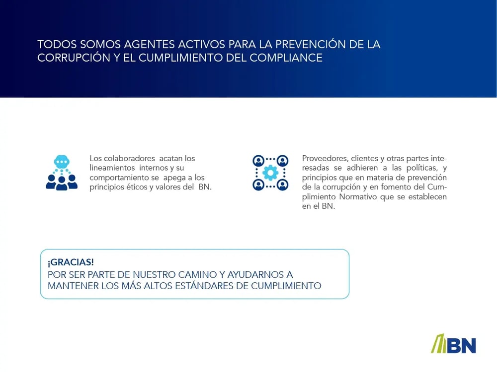 Gráfico del Banco Nacional con mensajes sobre la participación activa en la prevención de la corrupción y el cumplimiento del compliance.
