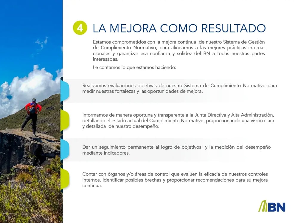 Persona de espaldas en la cima de una montaña junto al texto “La mejora como resultado”, parte del sistema de cumplimiento normativo del BN.