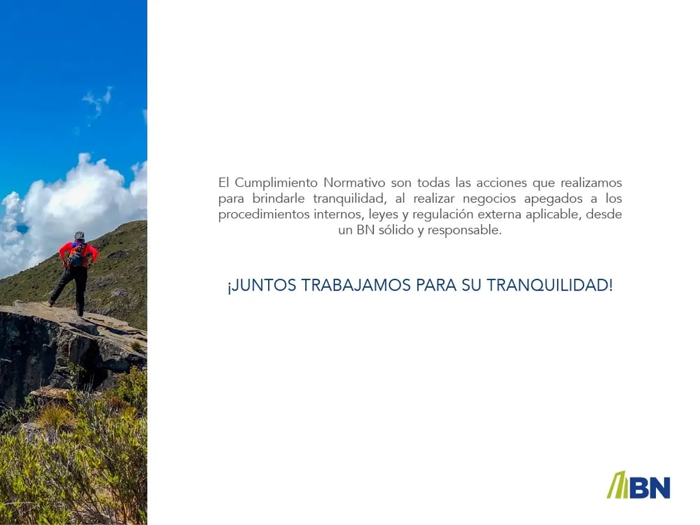 Persona de pie sobre una roca mirando el horizonte con el texto “Juntos trabajamos para su tranquilidad” del Banco Nacional.