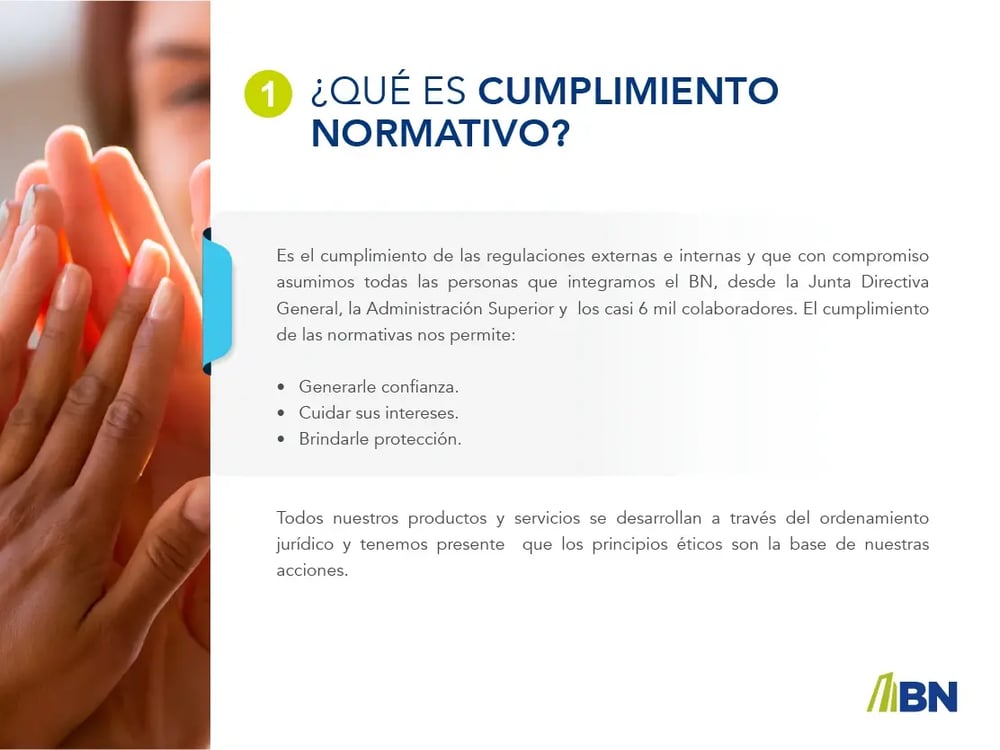 Diagrama que explica qué es cumplimiento normativo, acompañado de texto y manos unidas al fondo.
