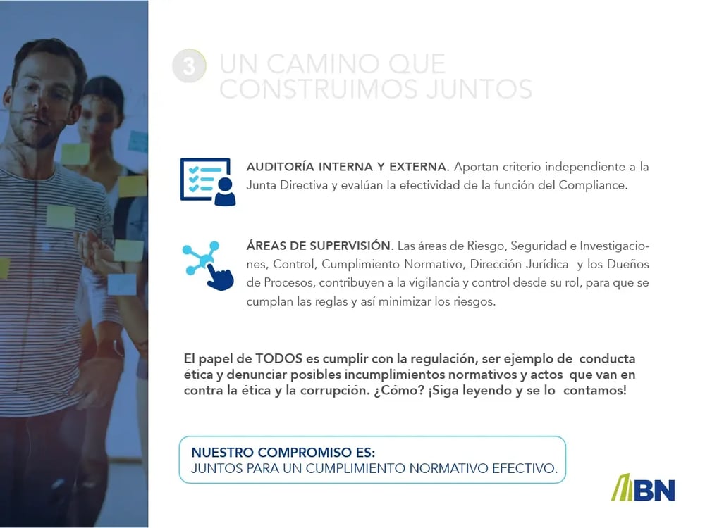 Imagen de equipo de trabajo y texto sobre auditoría interna y externa en el cumplimiento normativo del Banco Nacional.