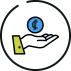 Icono de una mano extendida con una moneda azul con símbolo de colón, representando una acción de dar o recibir dinero.