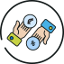 Icono de dos manos intercambiando monedas con los símbolos de colón y porcentaje.