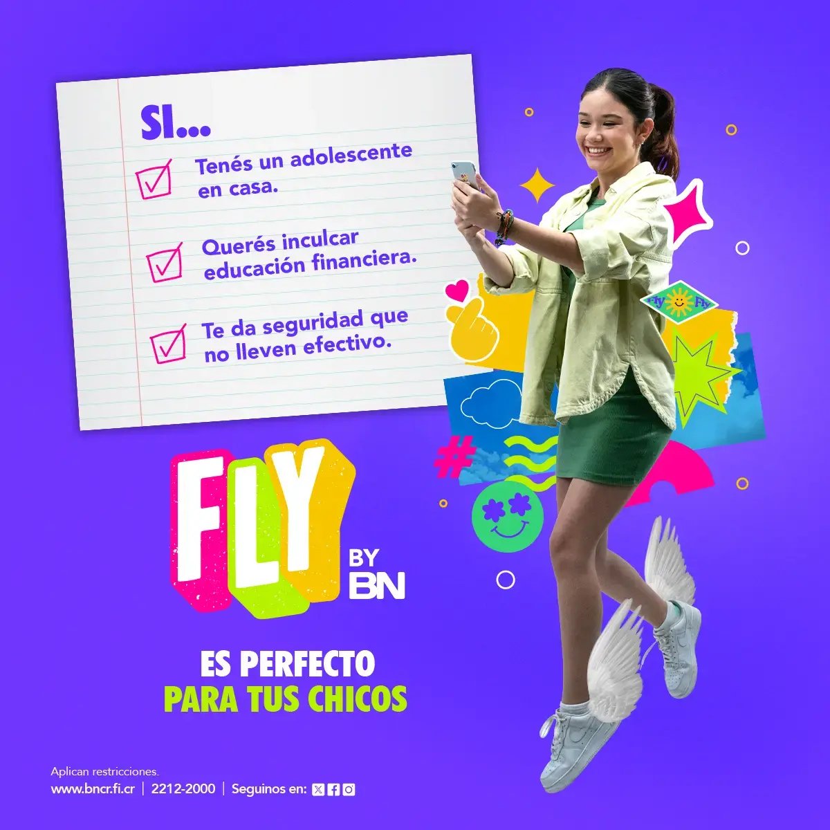 Publicidad de FLY by BN, producto financiero del Banco Nacional diseñado para adolescentes