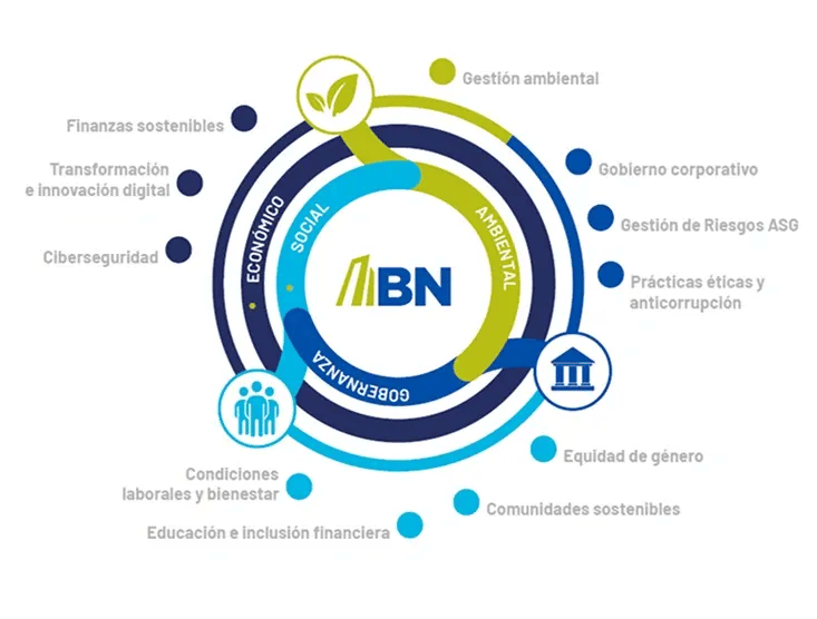 Gráfico circular que muestra las áreas económica, social, ambiental y de gobernanza del BN con sus temas asociados.
