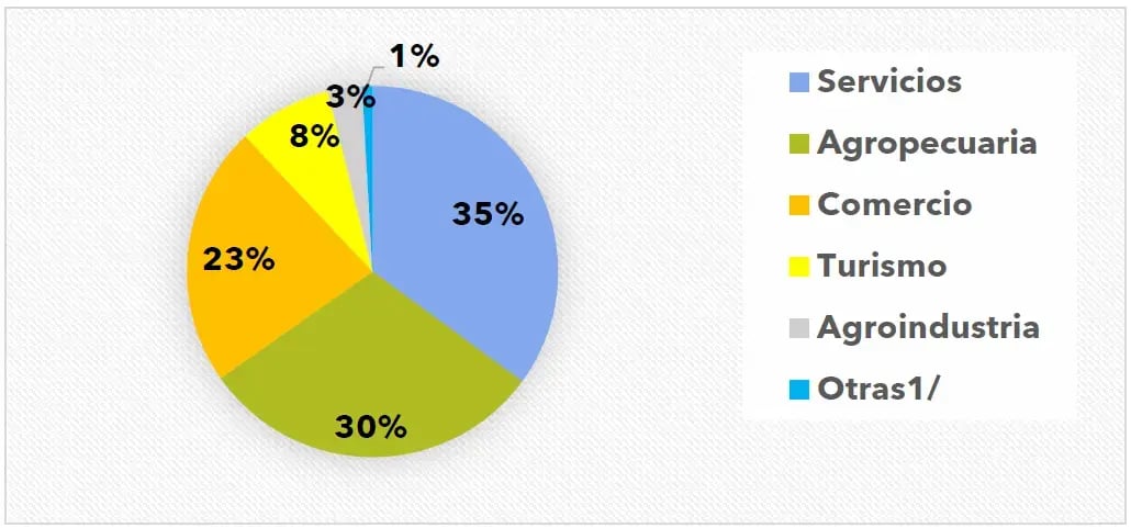 Gráfico circular de distribución económica con 35% servicios, 30% agropecuaria, 23% comercio, 8% turismo, 3% agroindustria y 1% otras actividades.