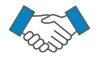 Icono de apretón de manos entre dos personas con mangas azules, representando un acuerdo o colaboración.