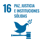 Objetivo de Desarrollo Sostenible número 16: Paz, justicia e instituciones sólidas, con ícono de paloma y mazo judicial.