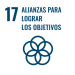 Objetivo de Desarrollo Sostenible número 17: Alianzas para lograr los objetivos, con ícono de cinco círculos entrelazados formando una flor.