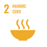 Ícono amarillo con un tazón humeante y el texto "2 Hambre cero", representando el segundo Objetivo de Desarrollo Sostenible.