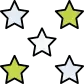Icono de cinco estrellas distribuidas de forma aleatoria, en colores blanco, azul y verde.