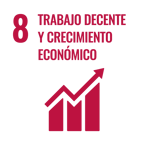 Objetivo de Desarrollo Sostenible número 8: Trabajo decente y crecimiento económico, con ícono de gráfico ascendente.