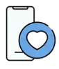 Icono de un teléfono móvil con un círculo azul al frente que contiene un corazón blanco, representando servicios preferidos o favoritos.