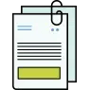 Ícono de documentos con clip, líneas de texto y un recuadro verde, representando formularios o trámites administrativos.