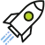 Icono de cohete negro con ventana verde despegando, representando crecimiento acelerado o lanzamiento de un proyecto.