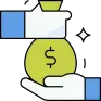 Icono ilustrado de dos manos sosteniendo una bolsa de dinero verde con símbolo de dólar