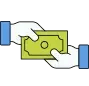 Icono de dos manos intercambiando un billete verde, representando una transacción de dinero.