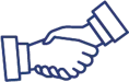 Ícono de dos manos estrechándose, delineadas en color azul, con puños de camisa visibles.