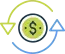 Ícono de intercambio de dinero con flechas giratorias alrededor de un símbolo de dólar.