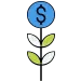 Ícono de una planta con hojas que crece hacia arriba y una moneda con signo de dólar en la parte superior, simbolizando crecimiento financiero o inversión