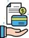Icono de una mano sosteniendo una tarjeta bancaria con un símbolo de dólar encima.