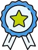 Ícono de insignia de premio con una estrella amarilla en el centro y borde de cinta azul, que representa excelencia o logro