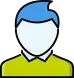 Ícono de perfil de usuario con peinado azul y camisa verde lima, que representa un avatar masculino genérico o cliente