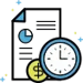 Icono de un reloj y un símbolo de dólar junto a gráficos circulares, representando eficiencia en tiempo y dinero.